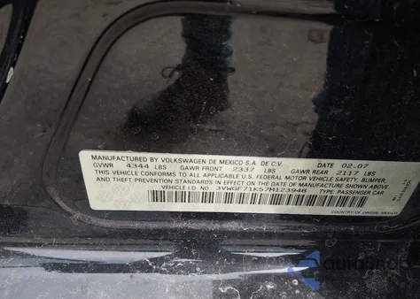 2007 Volkswagen Jetta из США, поврежденный, VIN 3VWGF71K57M123948